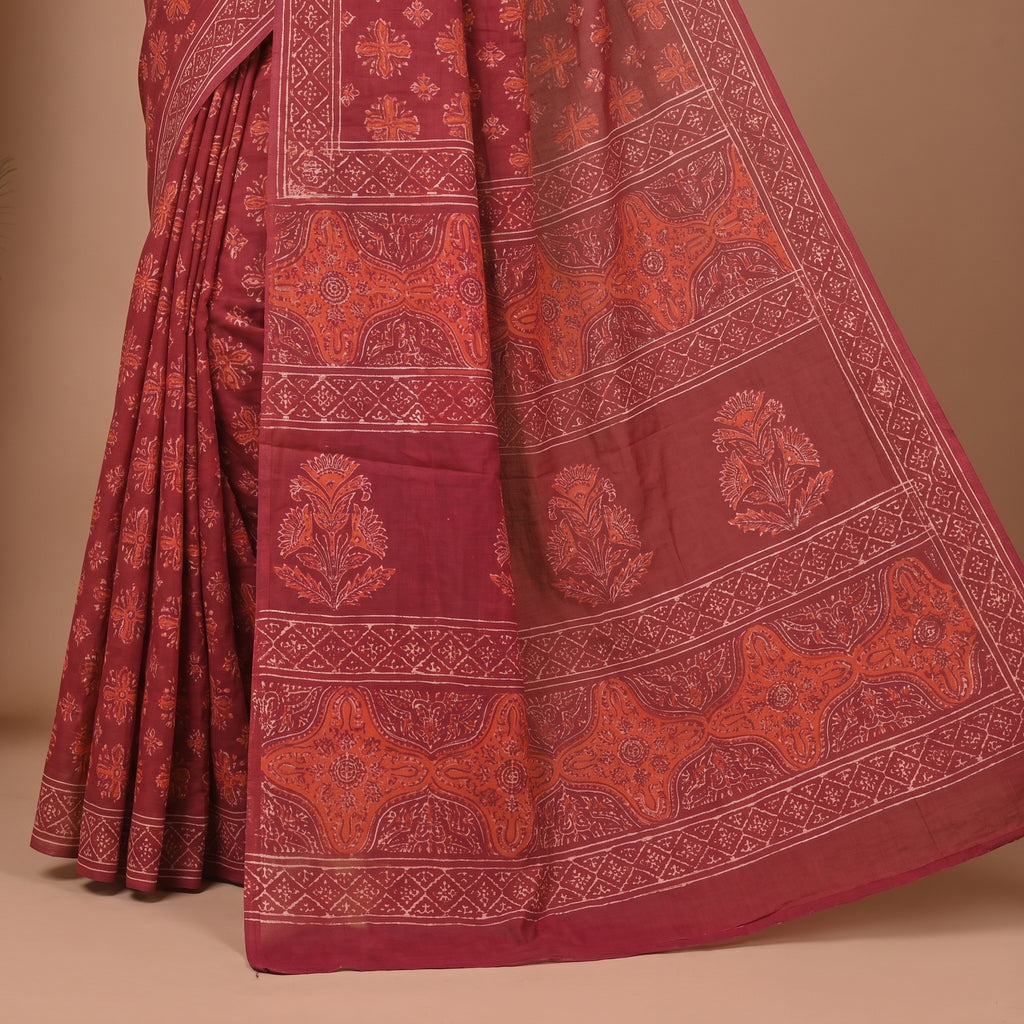 Hand Block Printed Cotton Mul Saree - Red Diamond Geometric Jaal