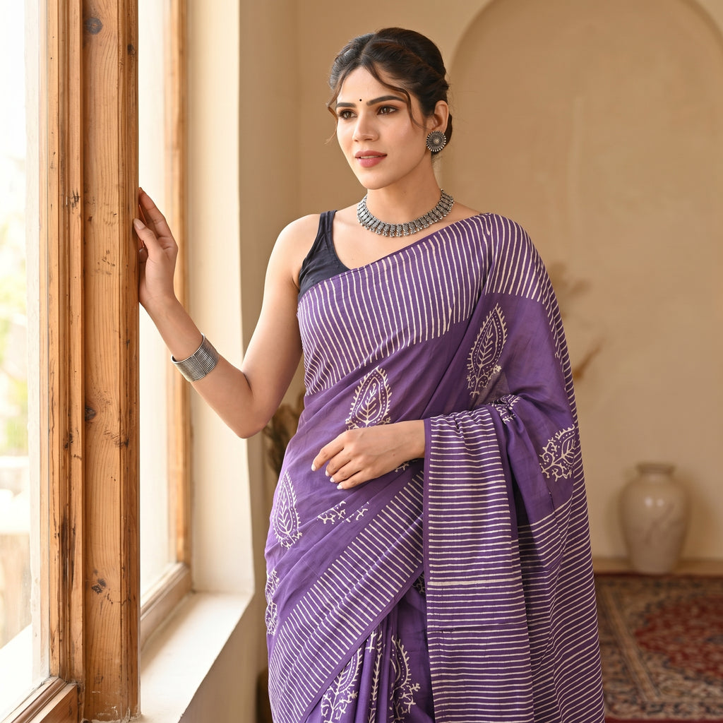 Hand Block Printed Cotton Mul Saree - Purple Leheriya Stripe with Paisley Boota