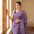 Hand Block Printed Cotton Mul Saree - Purple Leheriya Stripe with Paisley Boota
