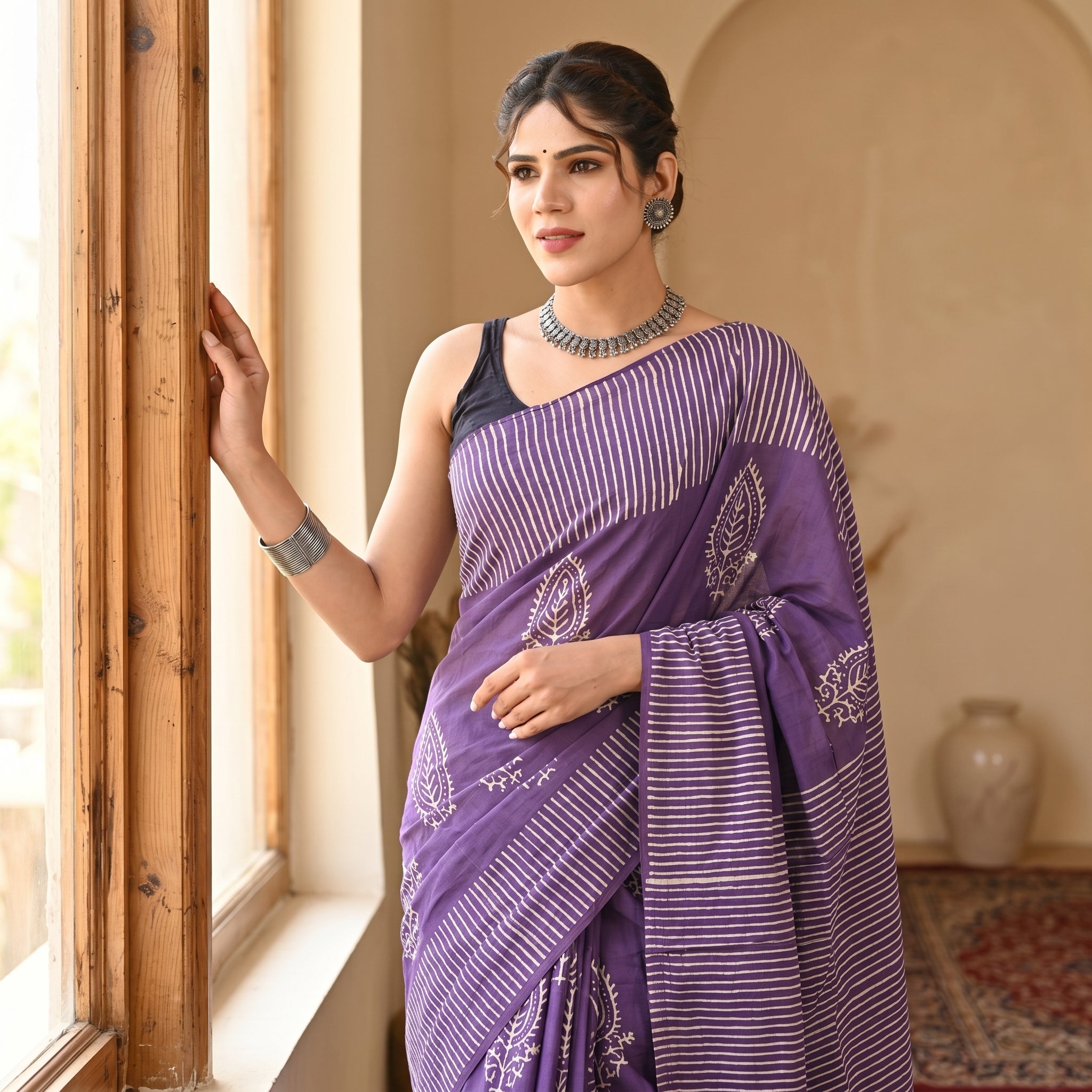 Hand Block Printed Cotton Mul Saree - Purple Leheriya Stripe with Paisley Boota