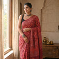 Hand Block Printed Cotton Mul Saree - Red Diamond Geometric Jaal