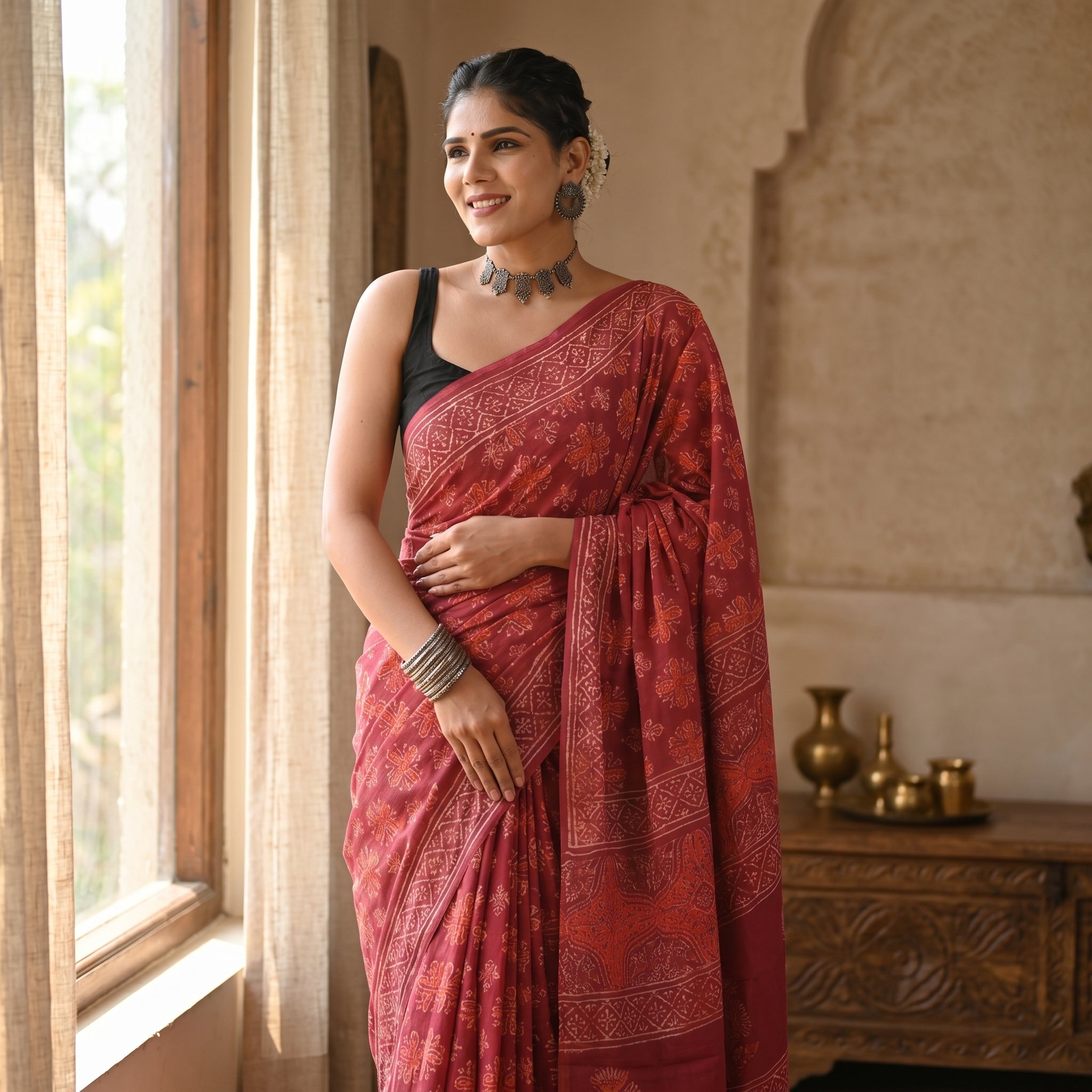 Hand Block Printed Cotton Mul Saree - Red Diamond Geometric Jaal