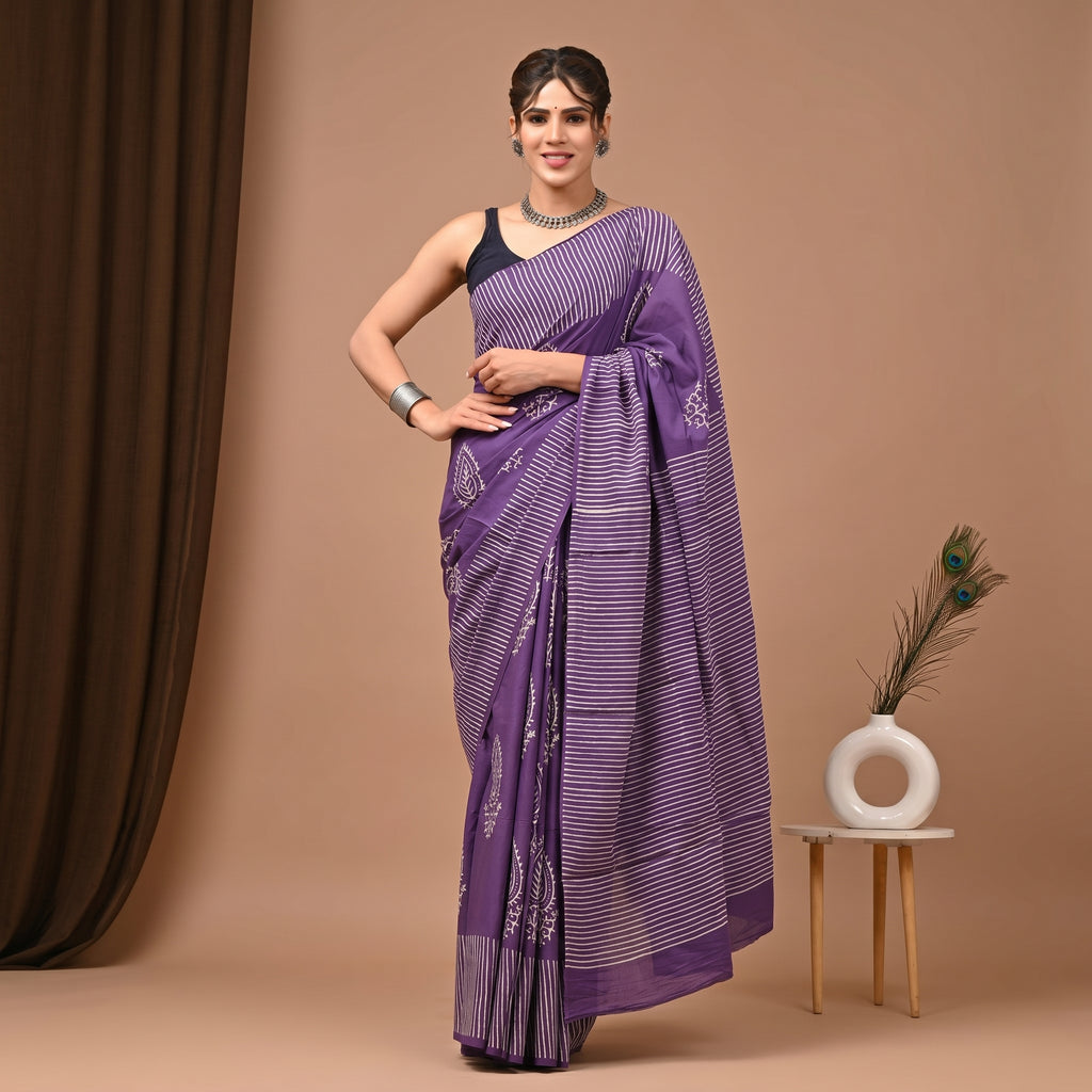 Hand Block Printed Cotton Mul Saree - Purple Leheriya Stripe with Paisley Boota