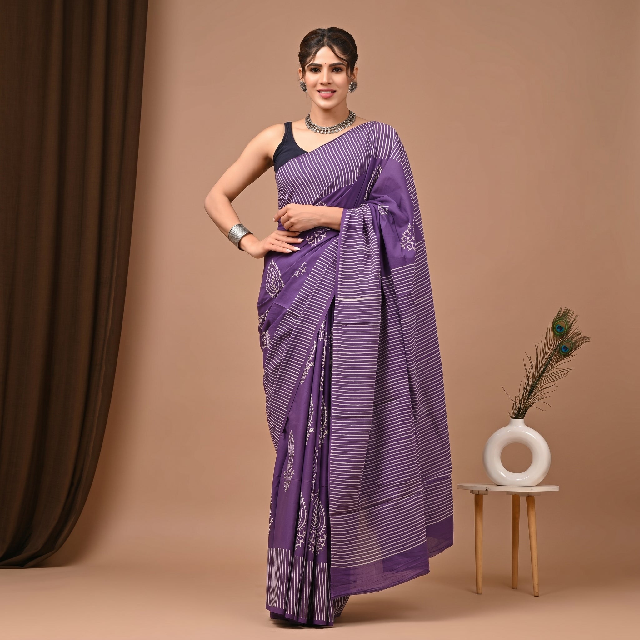 Hand Block Printed Cotton Mul Saree - Purple Leheriya Stripe with Paisley Boota