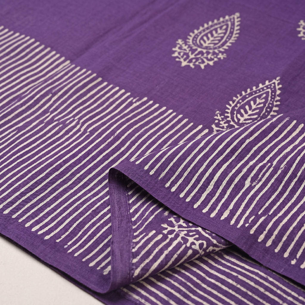 Hand Block Printed Cotton Mul Saree - Purple Leheriya Stripe with Paisley Boota