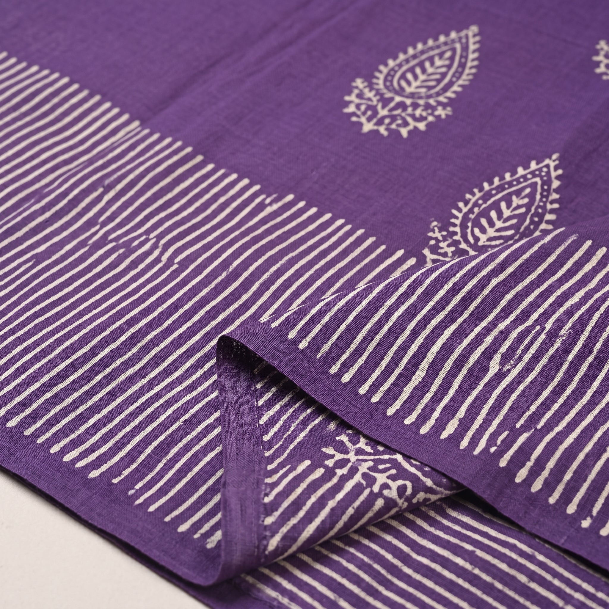 Hand Block Printed Cotton Mul Saree - Purple Leheriya Stripe with Paisley Boota