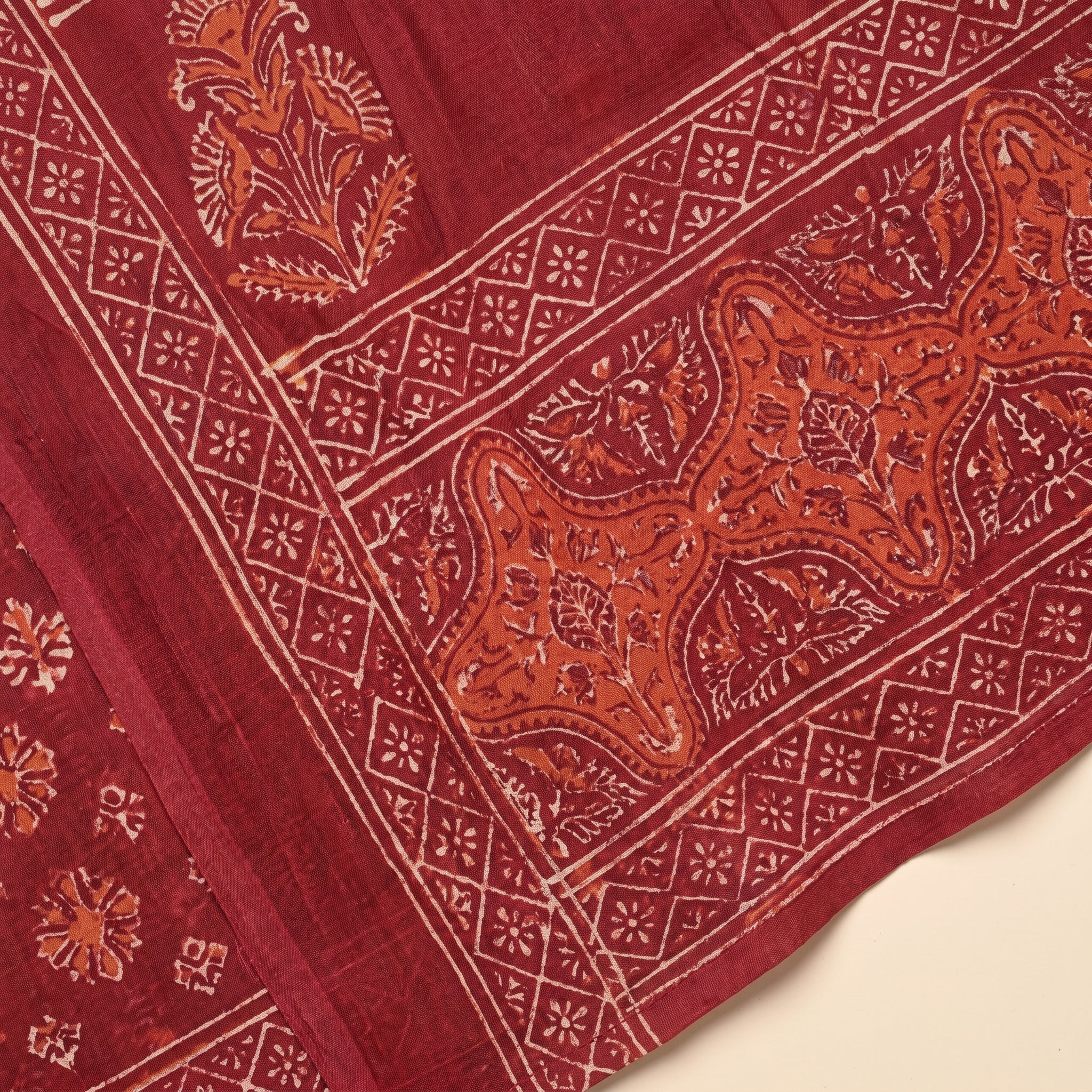 Hand Block Printed Cotton Mul Saree - Red Diamond Geometric Jaal