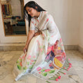 Linen White Floral Printed Saree with Artistic Pallu