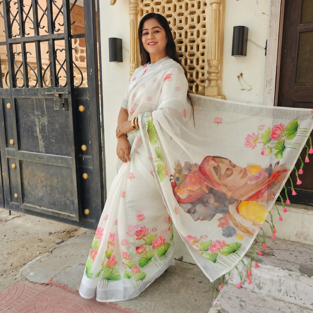 Linen White Floral Printed Saree with Artistic Pallu