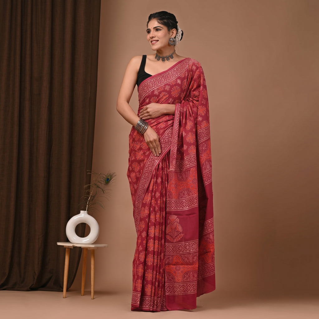 Hand Block Printed Cotton Mul Saree - Red Diamond Geometric Jaal