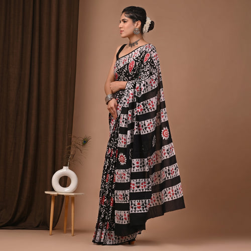 Hand Block Printed Cotton Mul Saree - Black White Red Paisley Floral