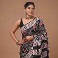 Hand Block Printed Cotton Mul Saree - Black White Red Paisley Floral