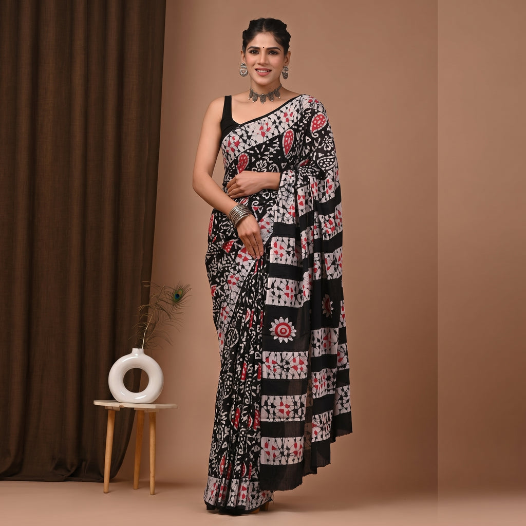Hand Block Printed Cotton Mul Saree - Black White Red Paisley Floral