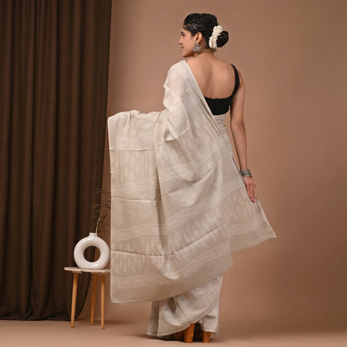 Hand Block Printed Cotton Mul Saree - Ivory Tone-on-Tone Leaf Jaal