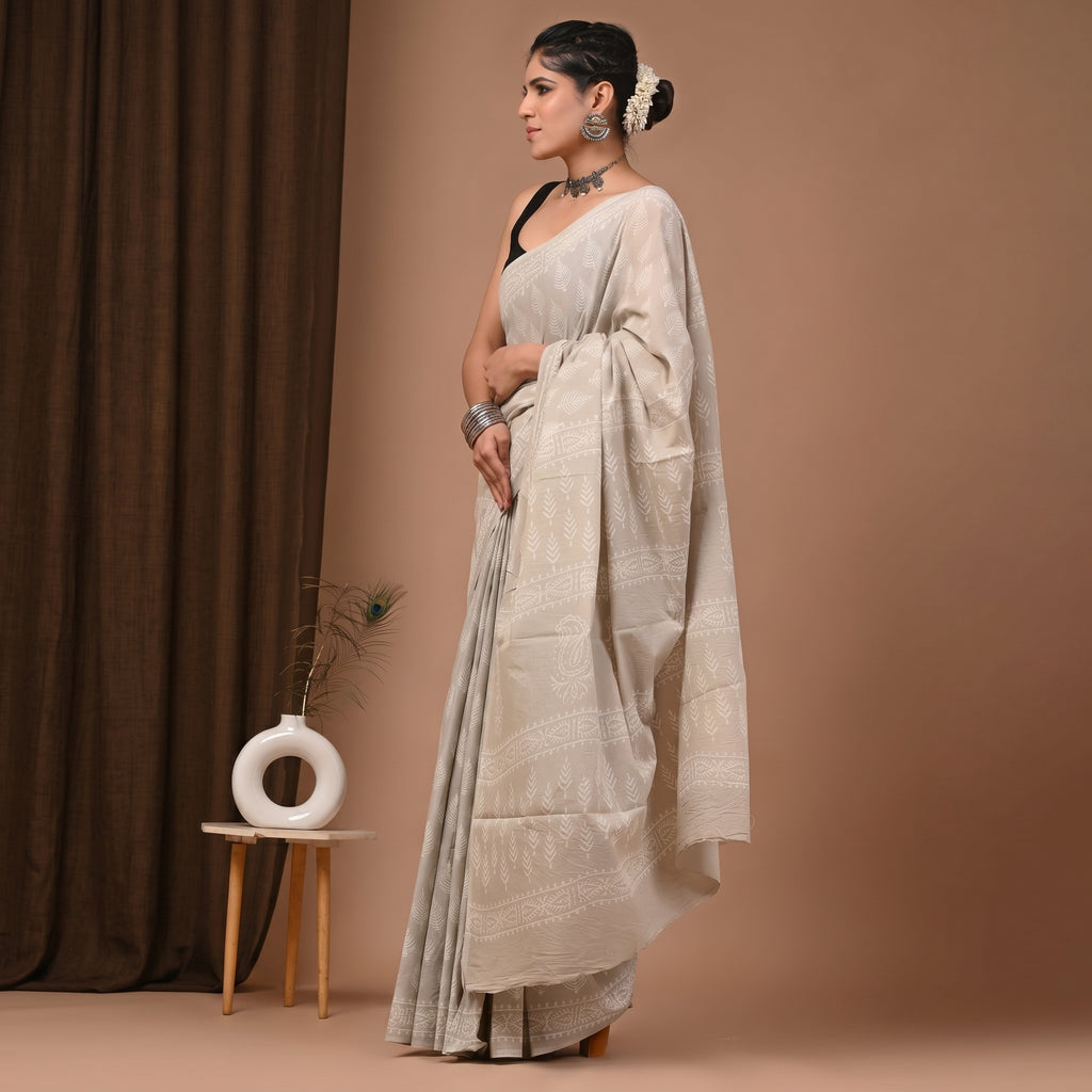 Hand Block Printed Cotton Mul Saree - Ivory Tone-on-Tone Leaf Jaal