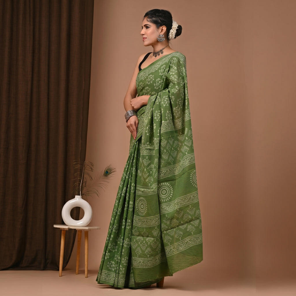 Hand Block Printed Cotton Mul Saree - Mehendi Green Floral & Sun Motif