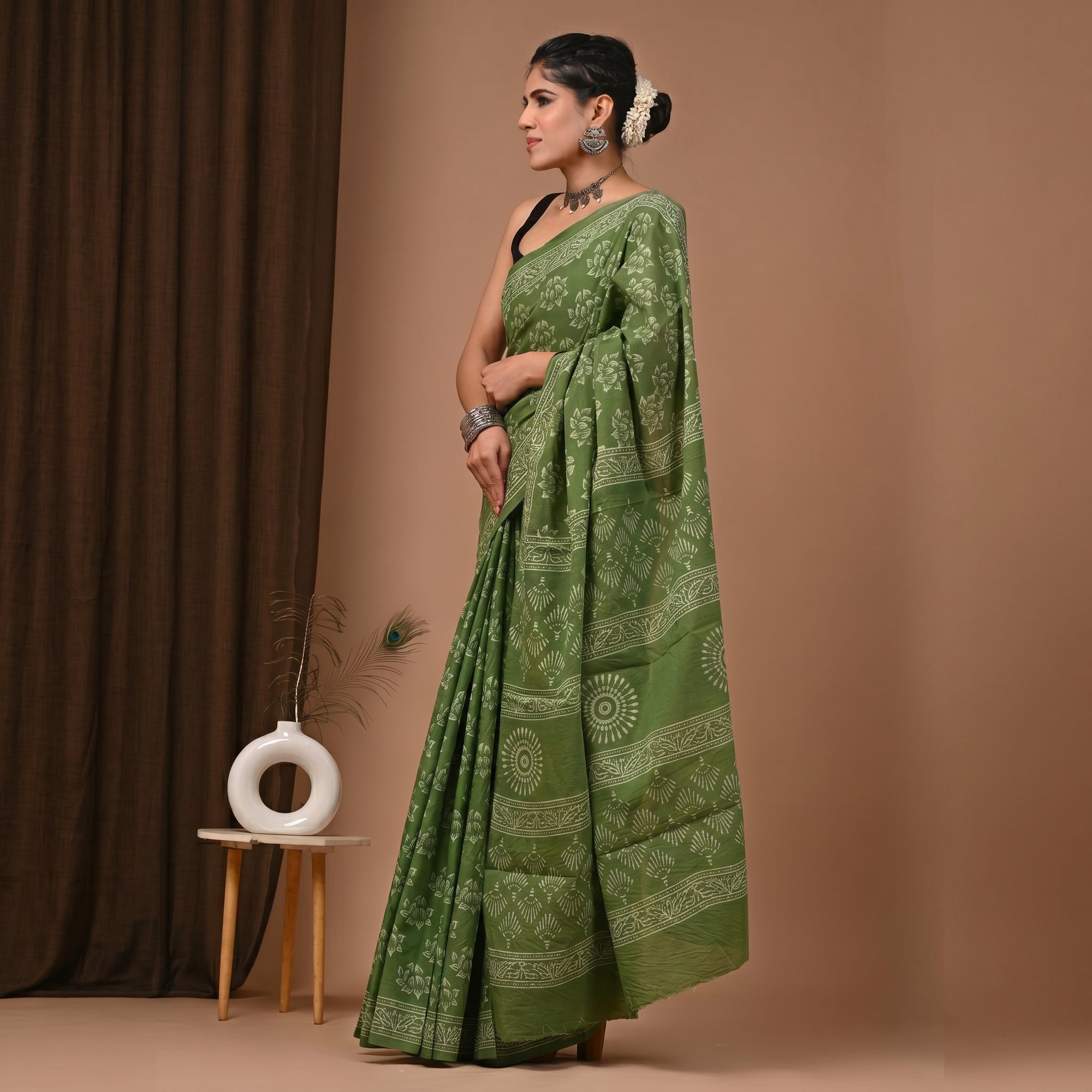 Hand Block Printed Cotton Mul Saree - Mehendi Green Floral & Sun Motif