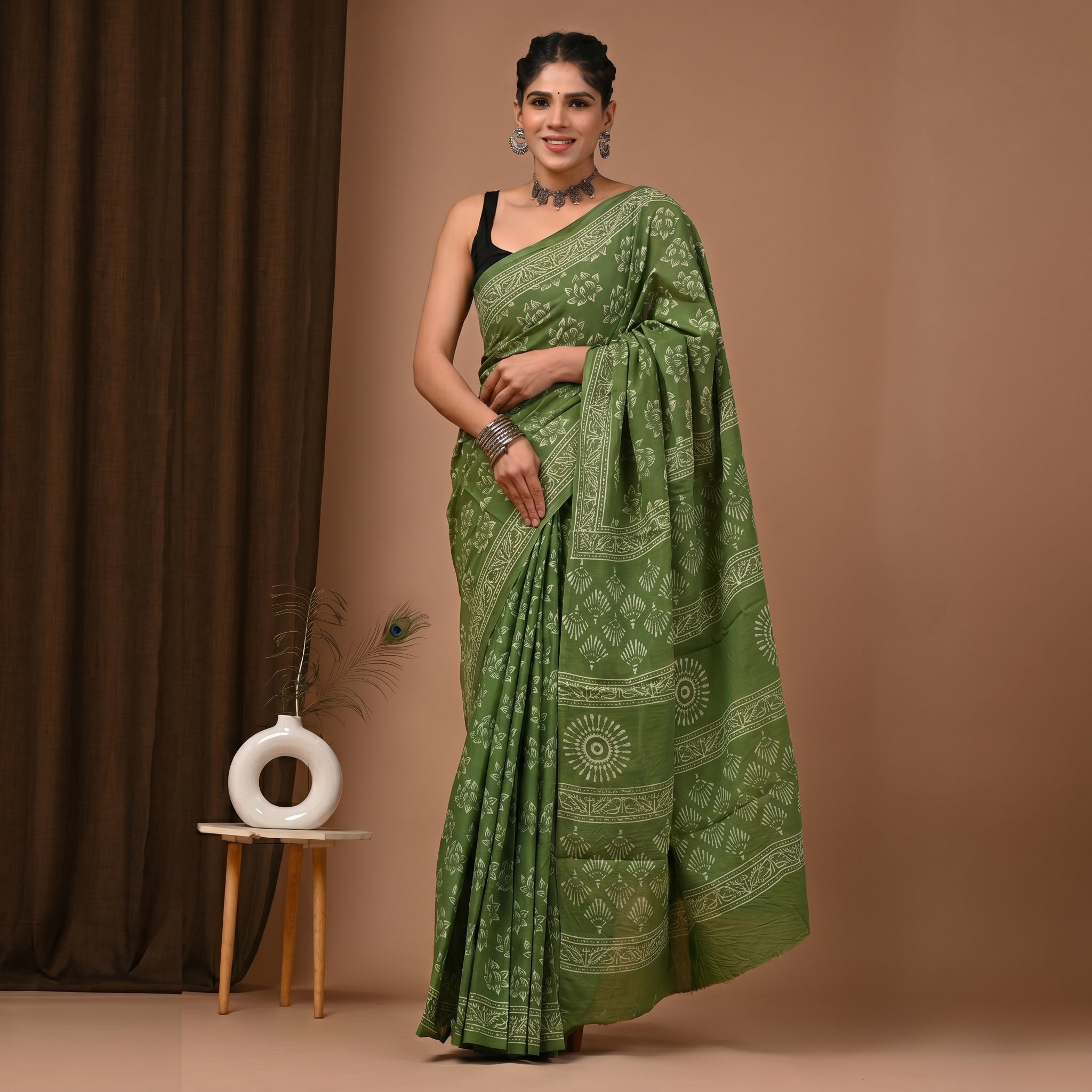 Hand Block Printed Cotton Mul Saree - Mehendi Green Floral & Sun Motif