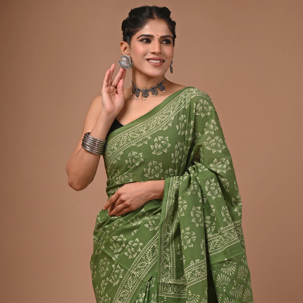 Hand Block Printed Cotton Mul Saree - Mehendi Green Floral & Sun Motif