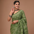 Hand Block Printed Cotton Mul Saree - Mehendi Green Floral & Sun Motif