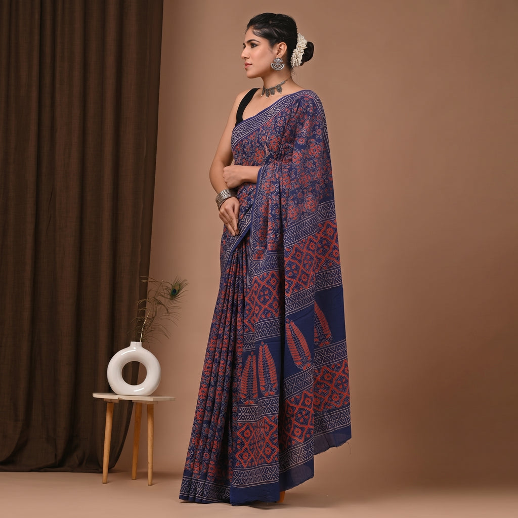 Hand Block Printed Cotton Mul Saree - Royal Blue Rust Ajrakh Floral Geometric