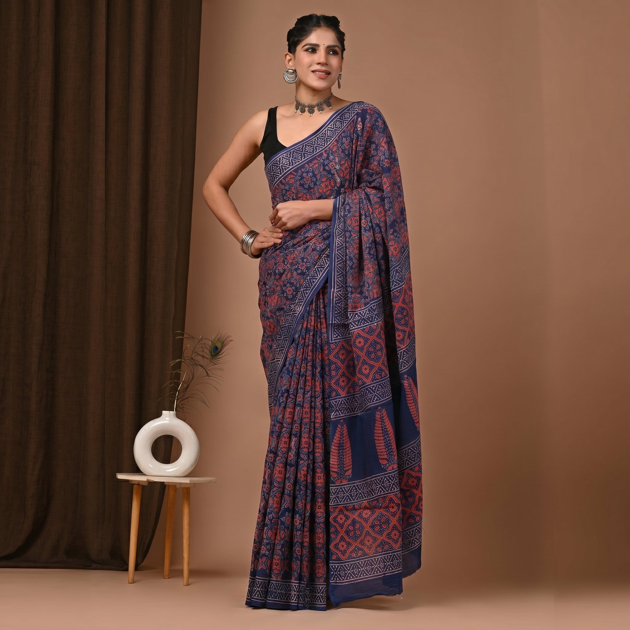 Hand Block Printed Cotton Mul Saree - Royal Blue Rust Ajrakh Floral Geometric