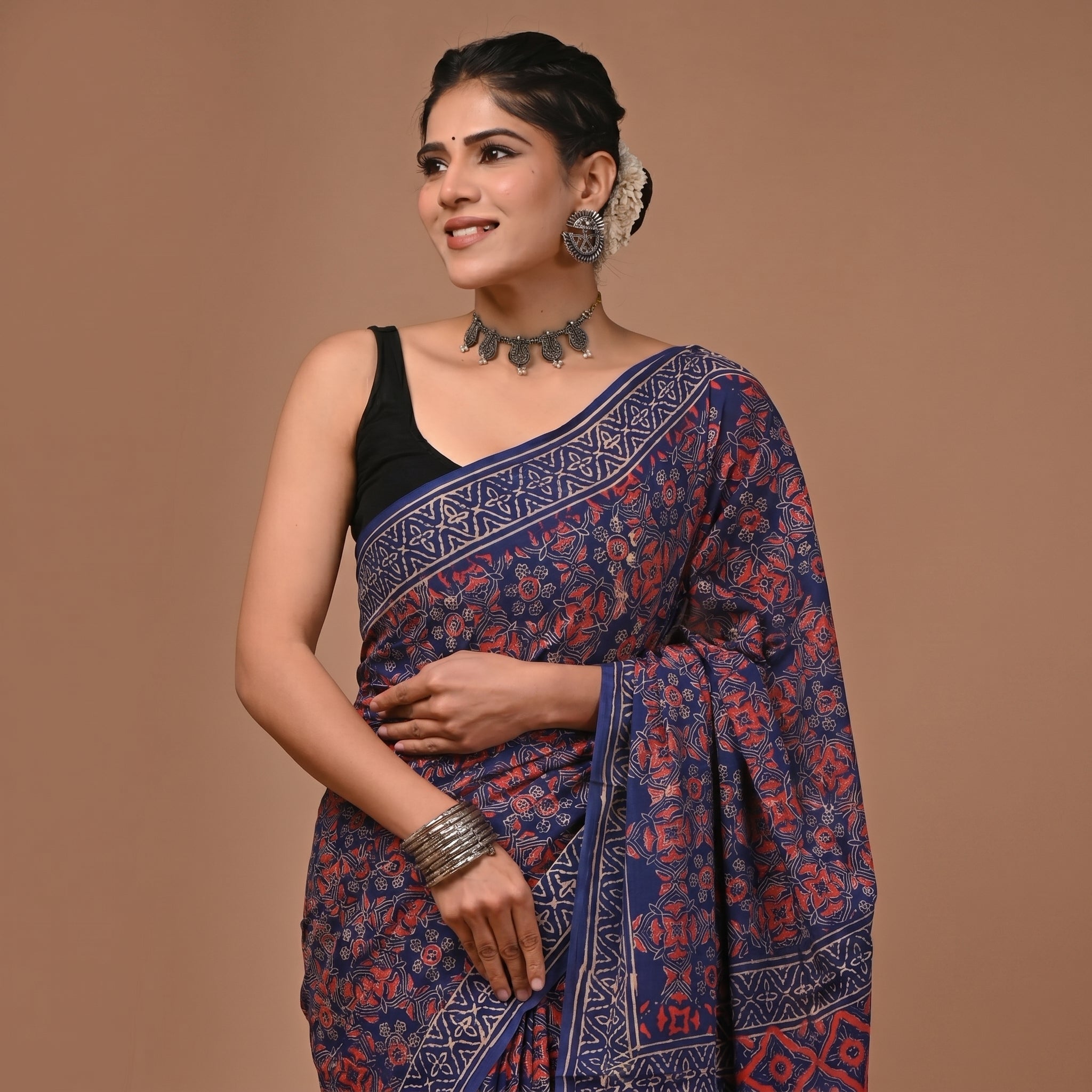 Hand Block Printed Cotton Mul Saree - Royal Blue Rust Ajrakh Floral Geometric