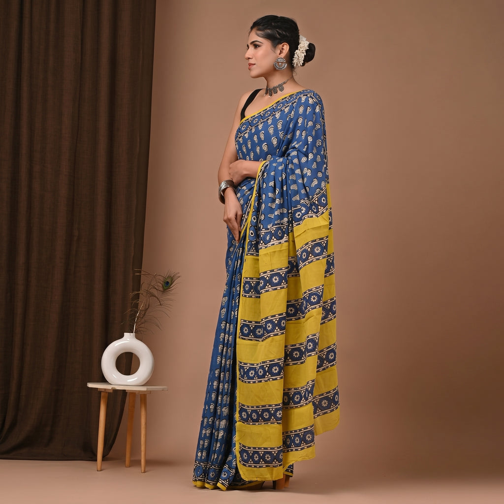 Hand Block Printed Cotton Mul Saree - Royal Blue Buti with Yellow Geometric Pallu