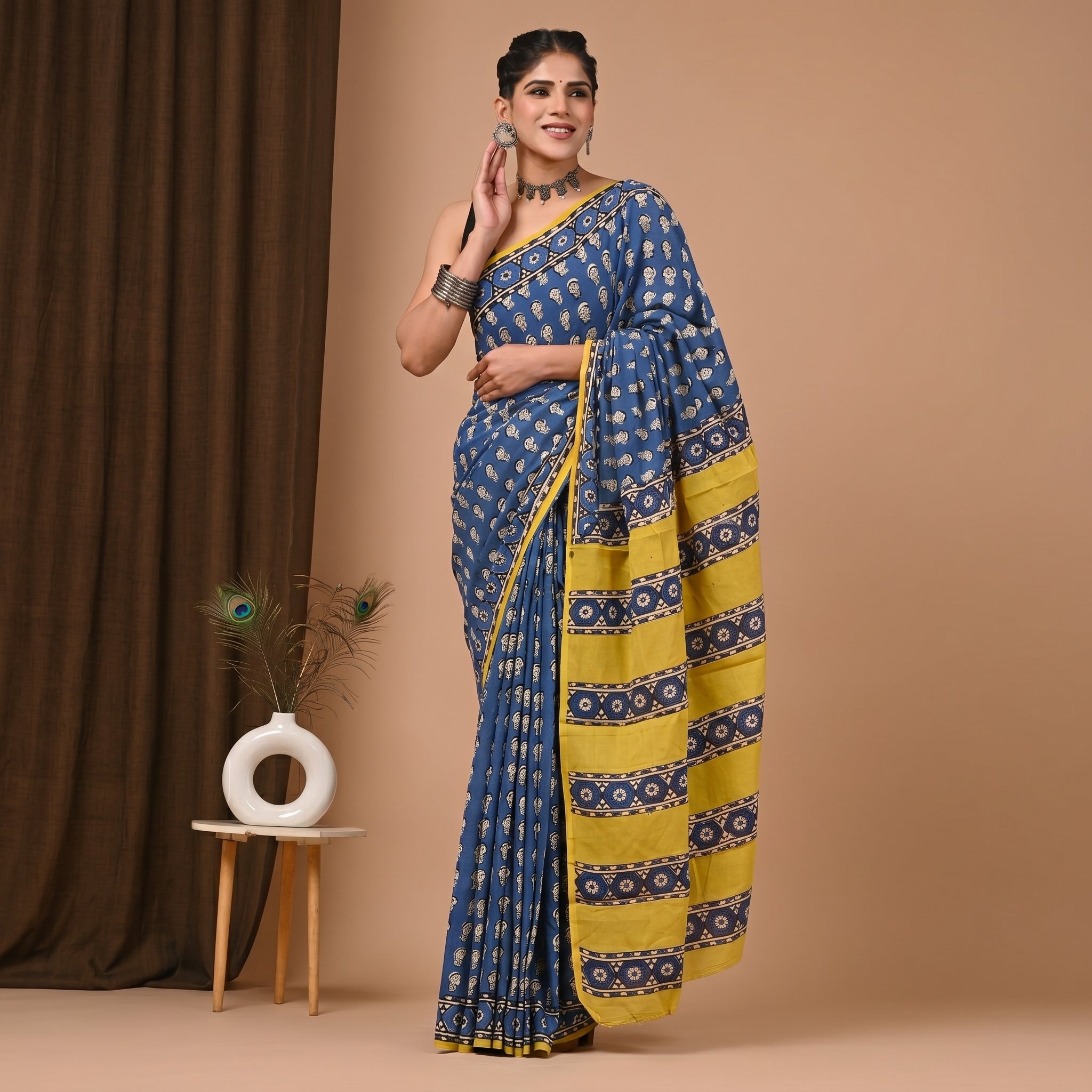 Hand Block Printed Cotton Mul Saree - Royal Blue Buti with Yellow Geometric Pallu