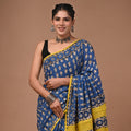 Hand Block Printed Cotton Mul Saree - Royal Blue Buti with Yellow Geometric Pallu