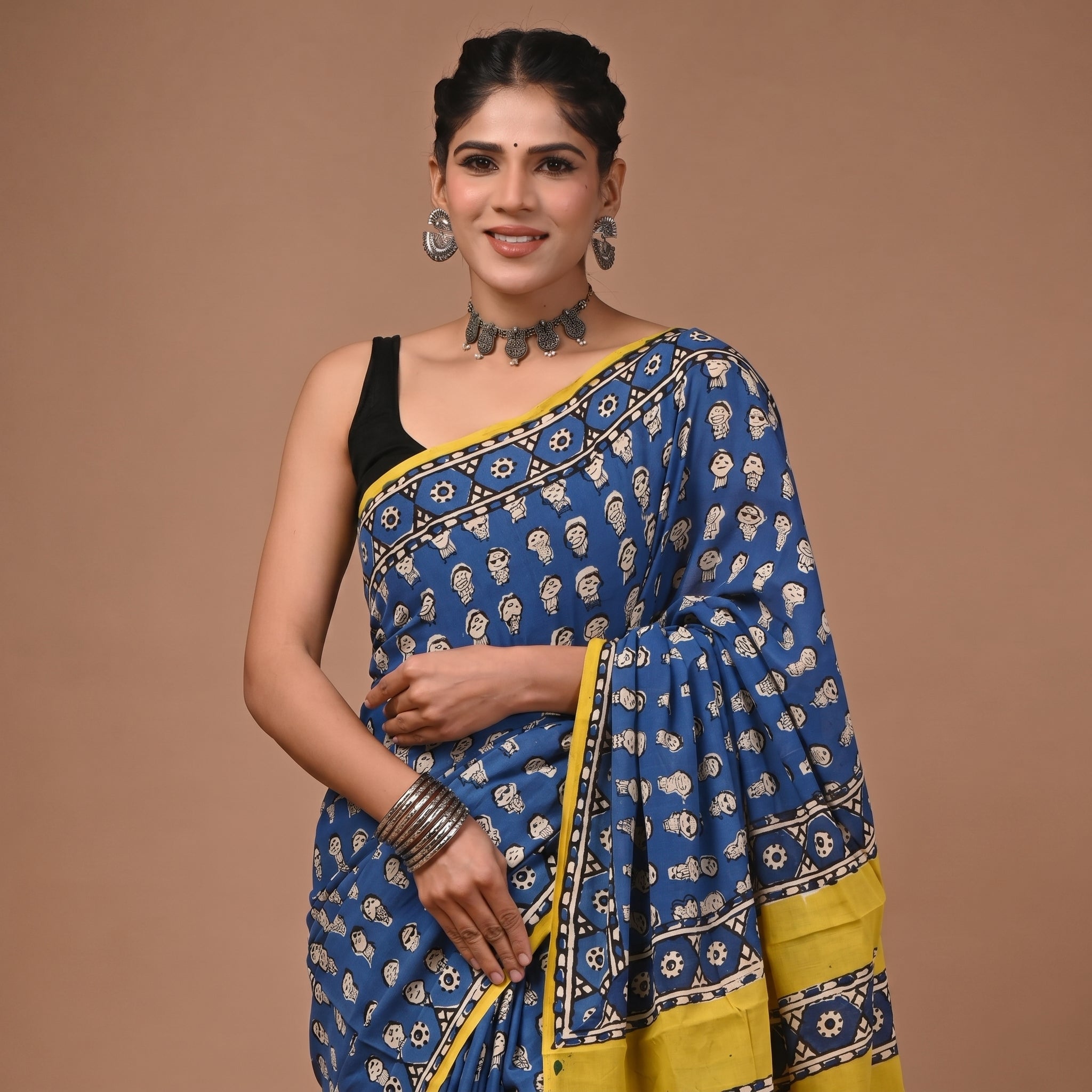 Hand Block Printed Cotton Mul Saree - Royal Blue Buti with Yellow Geometric Pallu
