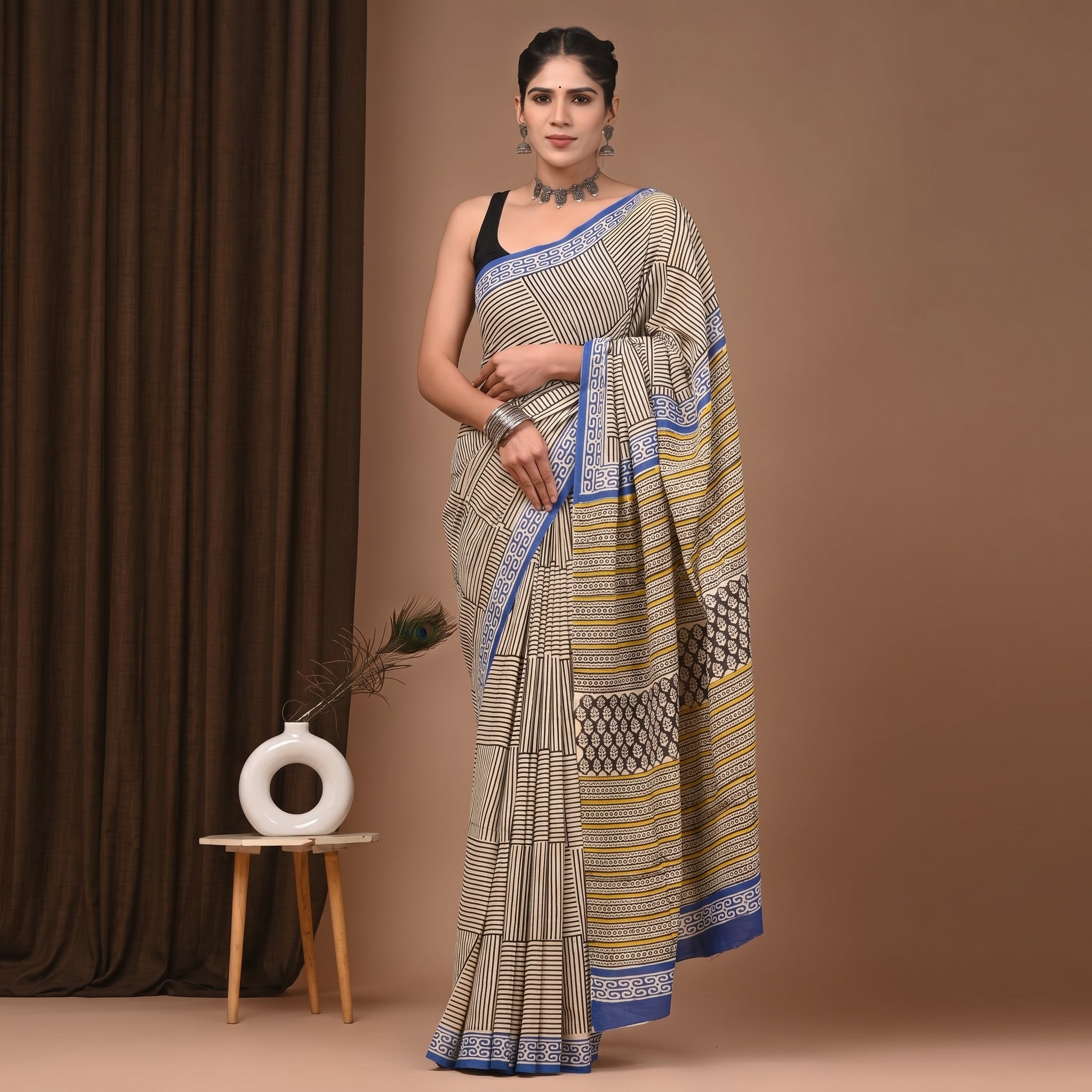 Hand Block Printed Cotton Mul Saree - Cream Multi-Direction Stripe Patchwork