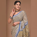 Hand Block Printed Cotton Mul Saree - Cream Multi-Direction Stripe Patchwork
