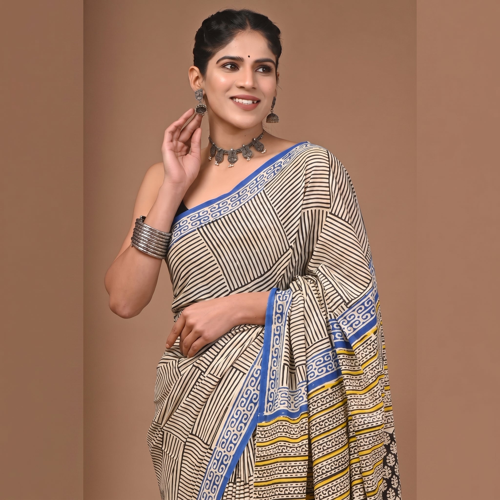Hand Block Printed Cotton Mul Saree - Cream Multi-Direction Stripe Patchwork
