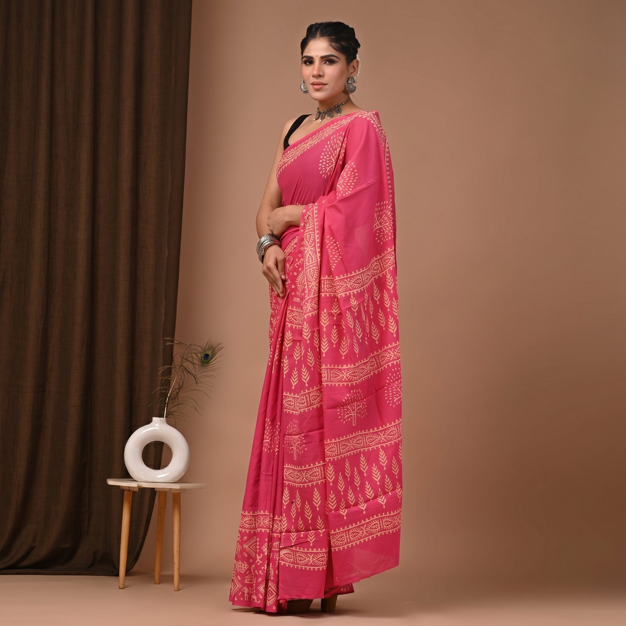 Hand Block Printed Cotton Mul Saree - Hot Pink Warli Tribal Folk Art