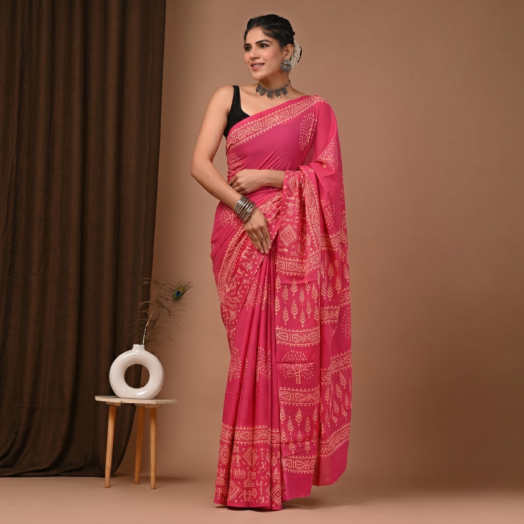 Hand Block Printed Cotton Mul Saree - Hot Pink Warli Tribal Folk Art