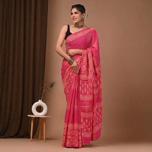 Hand Block Printed Cotton Mul Saree - Hot Pink Warli Tribal Folk Art
