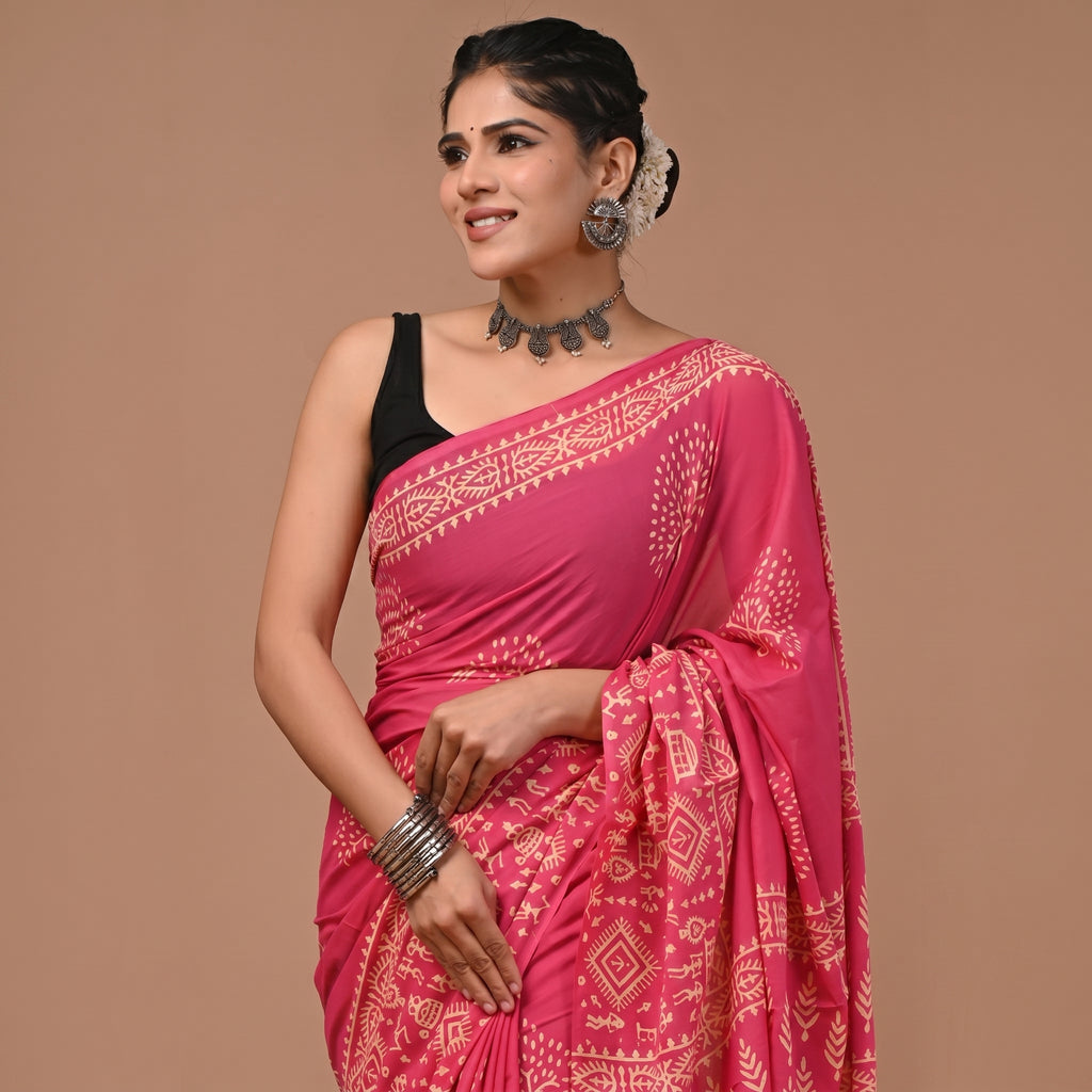 Hand Block Printed Cotton Mul Saree - Hot Pink Warli Tribal Folk Art