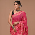 Hand Block Printed Cotton Mul Saree - Hot Pink Warli Tribal Folk Art