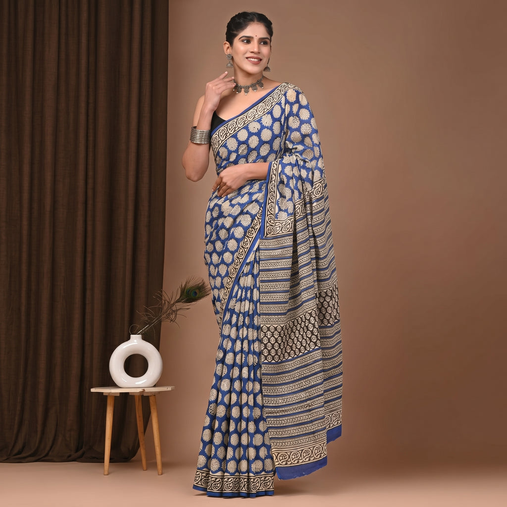 Hand Block Printed Cotton Mul Saree - Royal Blue Large Marigold Floral