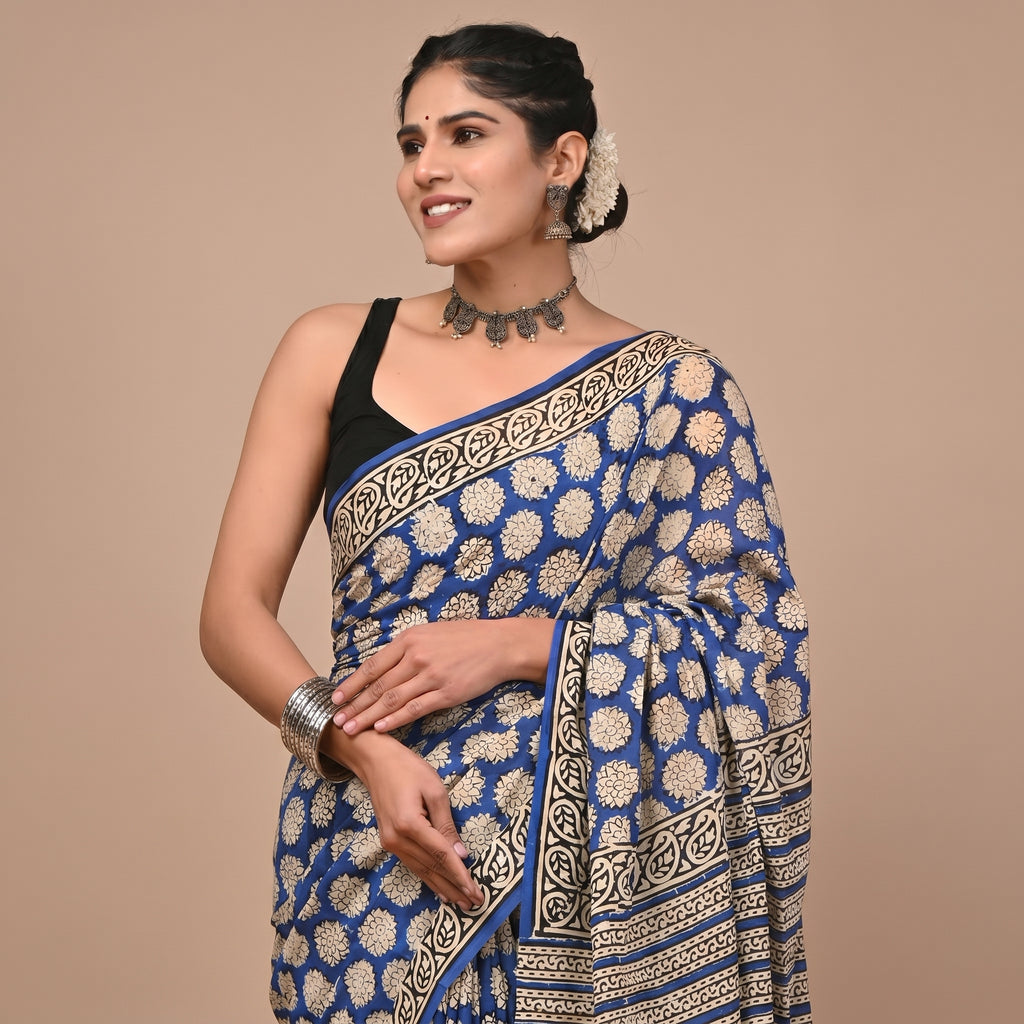 Hand Block Printed Cotton Mul Saree - Royal Blue Large Marigold Floral