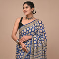 Hand Block Printed Cotton Mul Saree - Royal Blue Large Marigold Floral