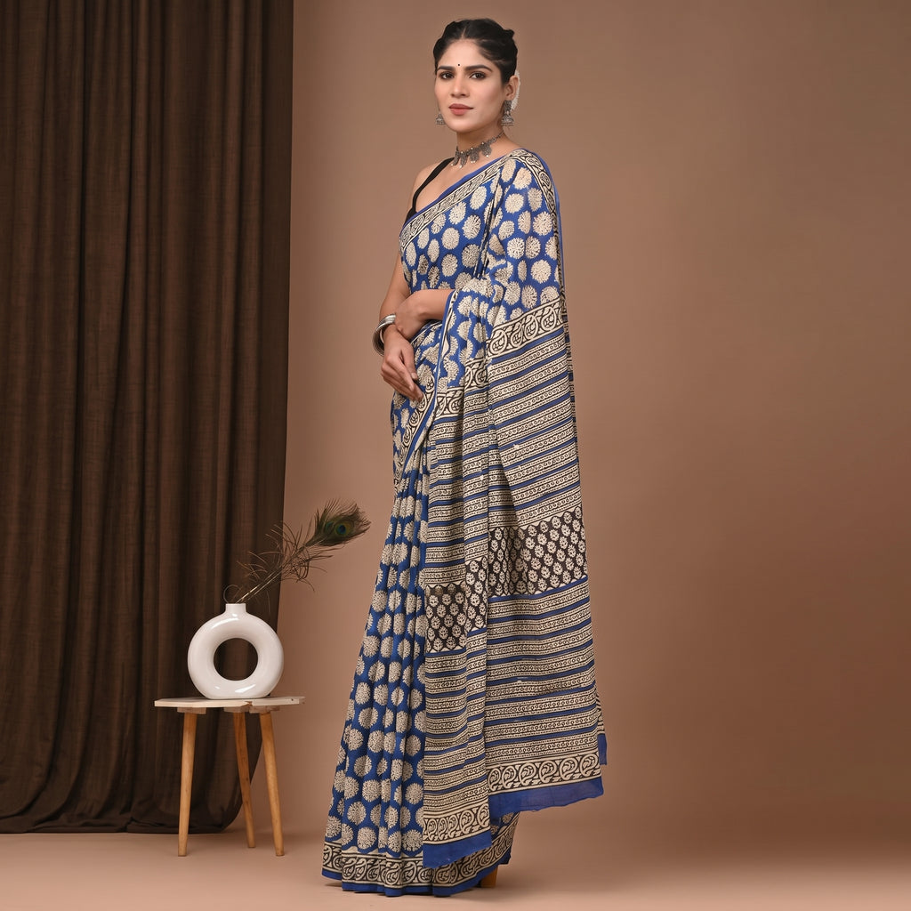 Hand Block Printed Cotton Mul Saree - Royal Blue Large Marigold Floral