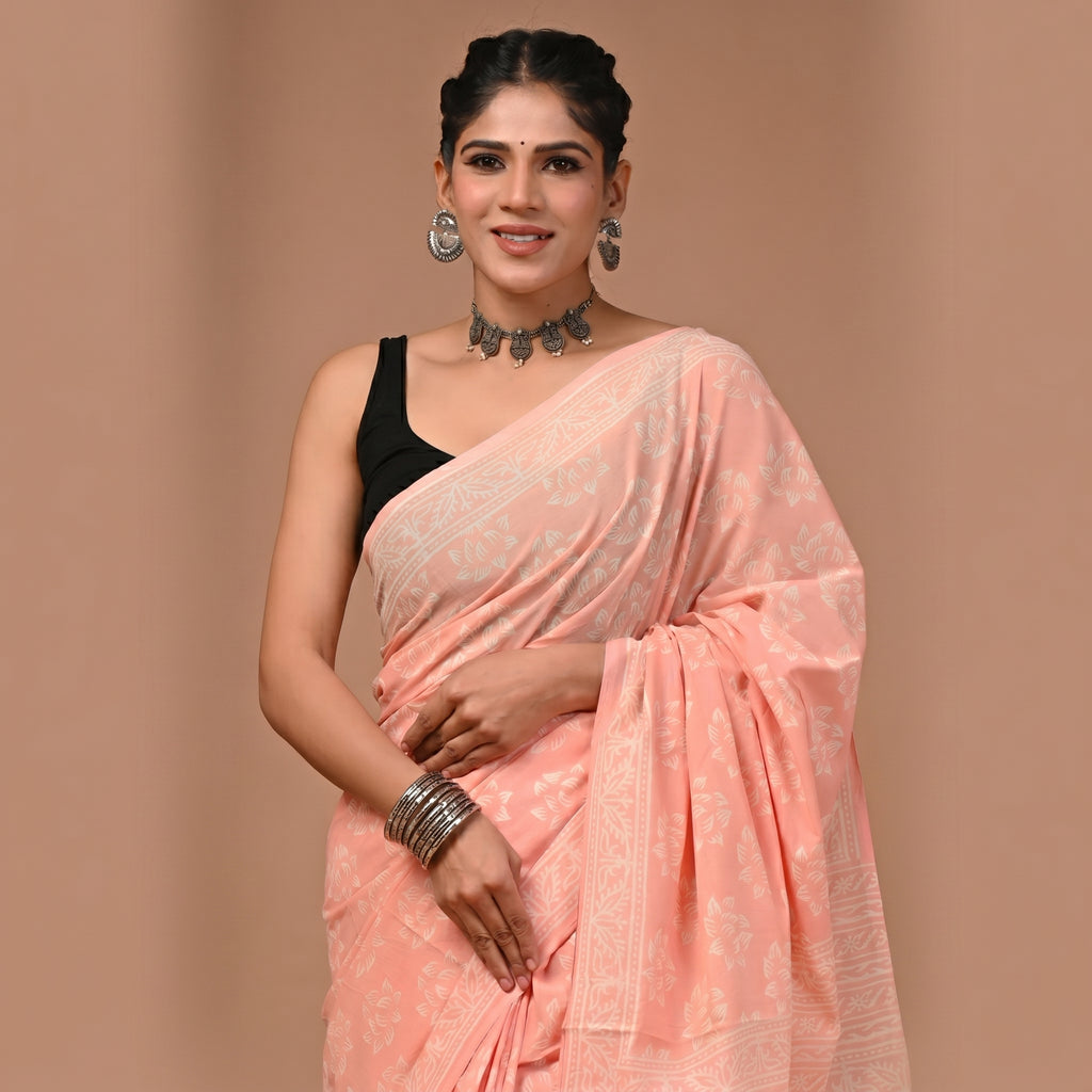 Pure Cotton Mul Saree - Solid Peach Blush