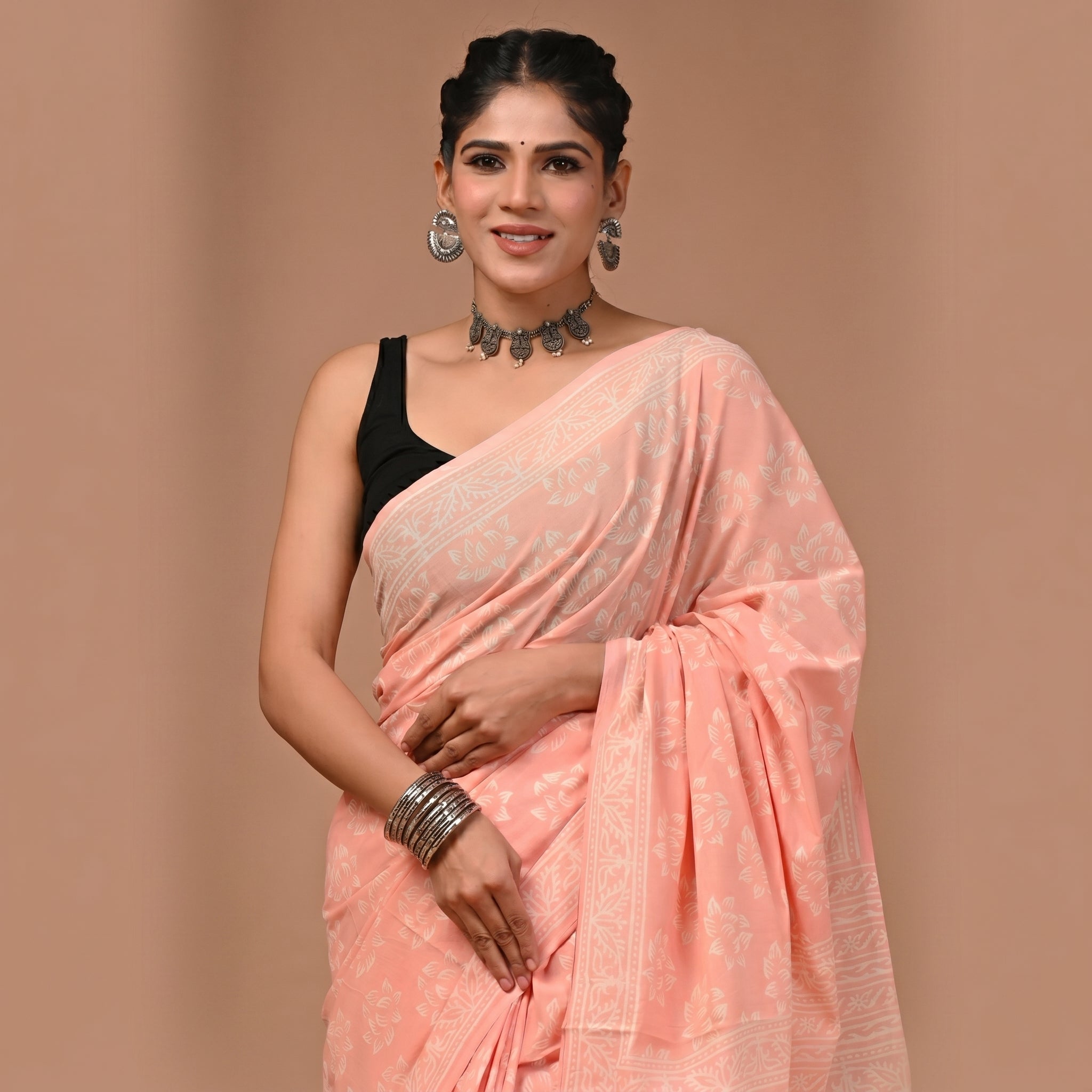Pure Cotton Mul Saree - Solid Peach Blush