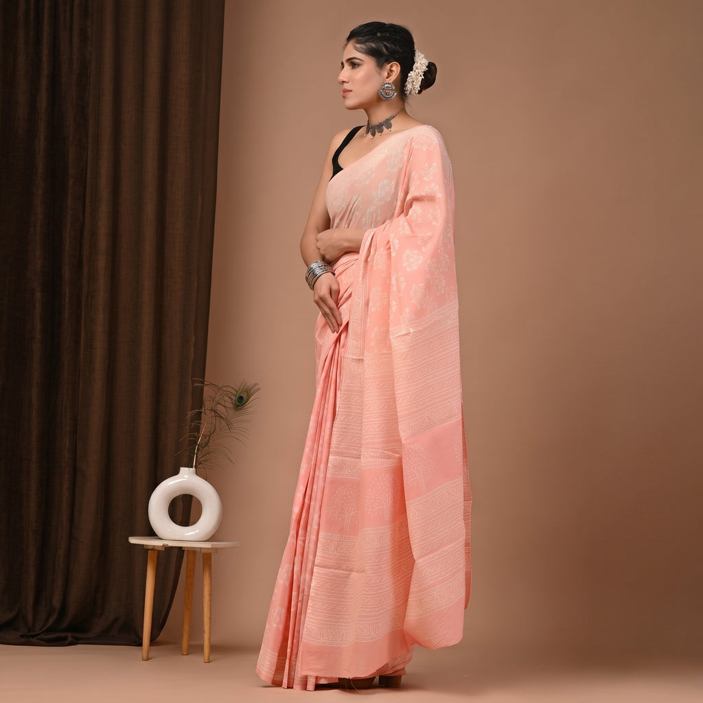 Pure Cotton Mul Saree - Solid Peach Blush