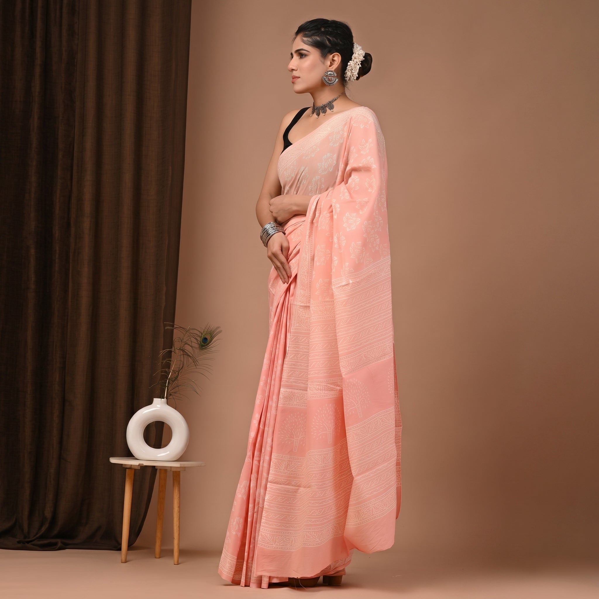 Pure Cotton Mul Saree - Solid Peach Blush
