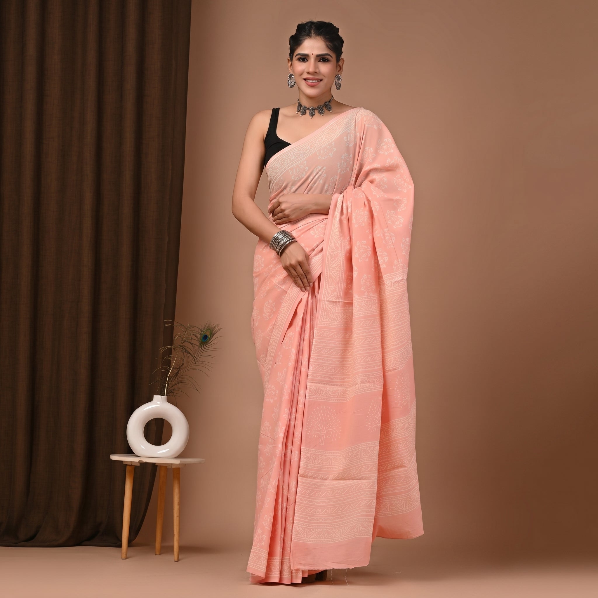 Pure Cotton Mul Saree - Solid Peach Blush