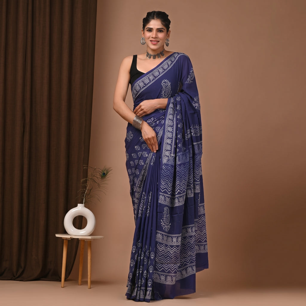 Hand Block Printed Cotton Mul Saree - Navy Blue Daisy Floral & Chevron Border