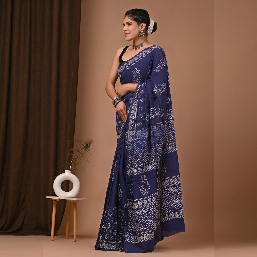 Hand Block Printed Cotton Mul Saree - Navy Blue Daisy Floral & Chevron Border